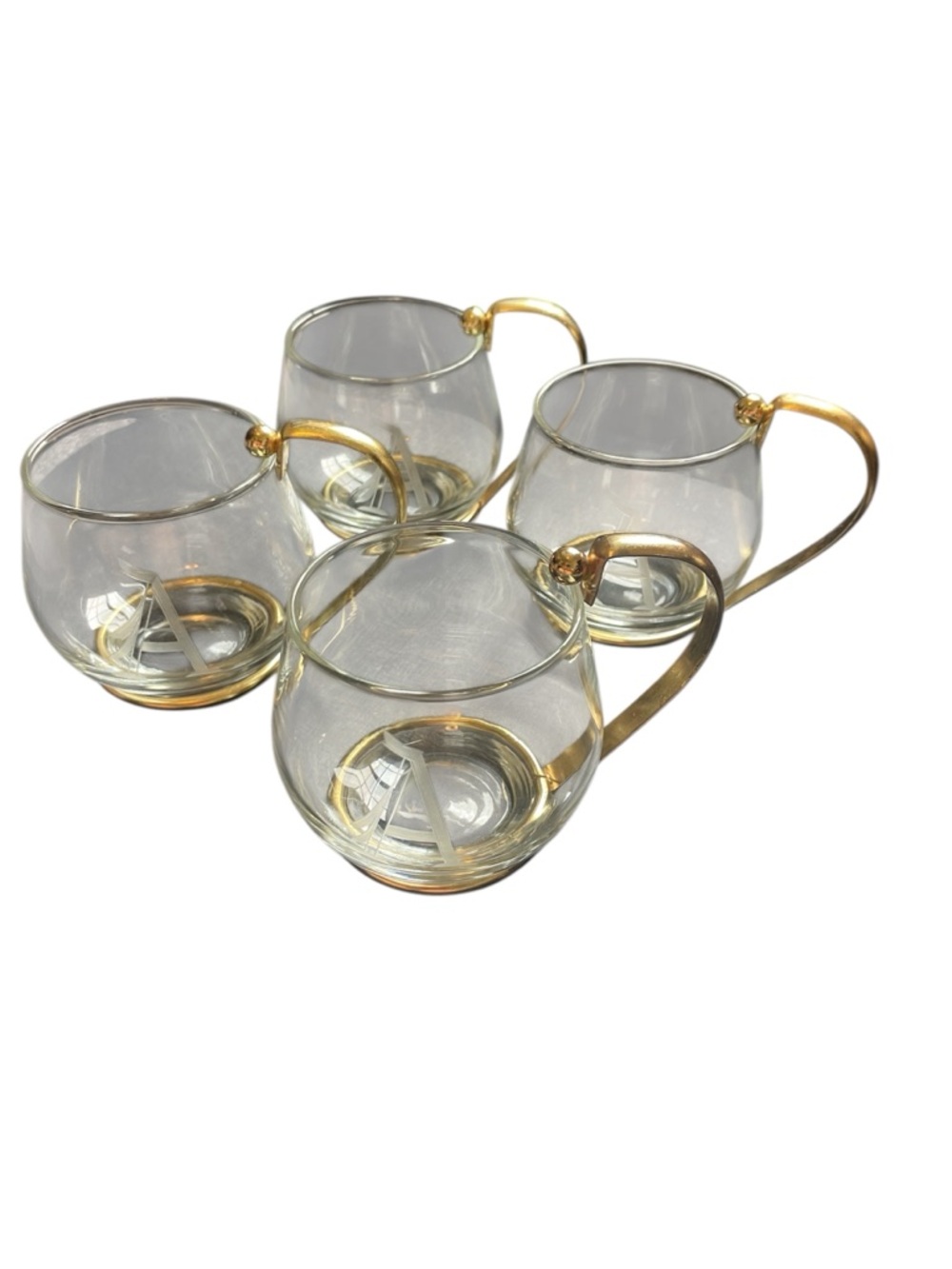 4 Vintage MCM Clear Glass Tea Coffee Espresso Cups Metal Handles Etched “A”
